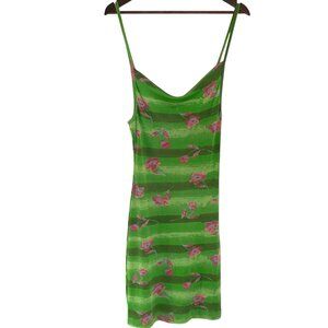 Vintage 90s Vitaminia D Bodycon Mini Dress M Green Pink Striped Floral Cowl Neck